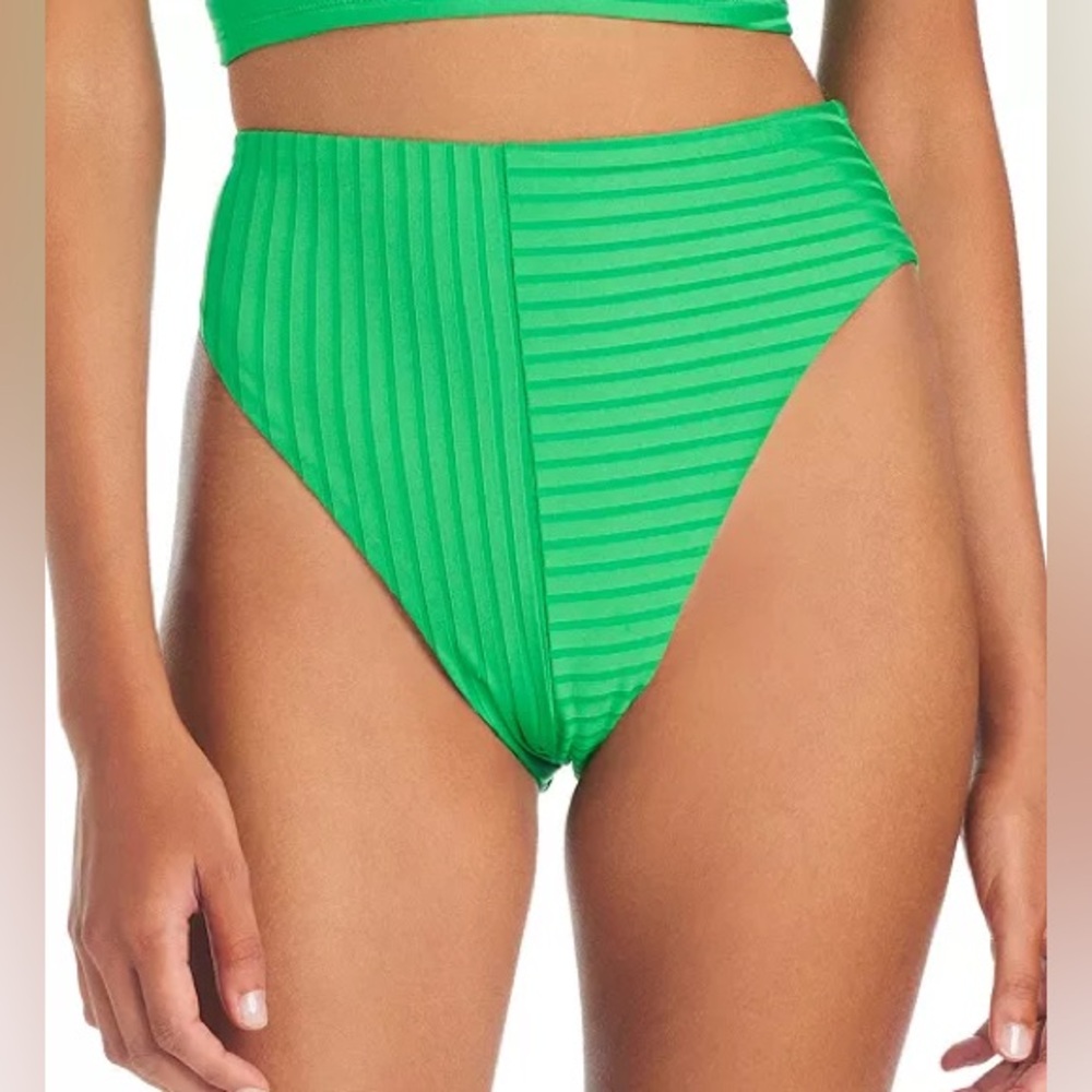 Sanctuary 15.5” Waist BNWT High Waisted Ribbed Bikini Bottom, Green, Size Large.